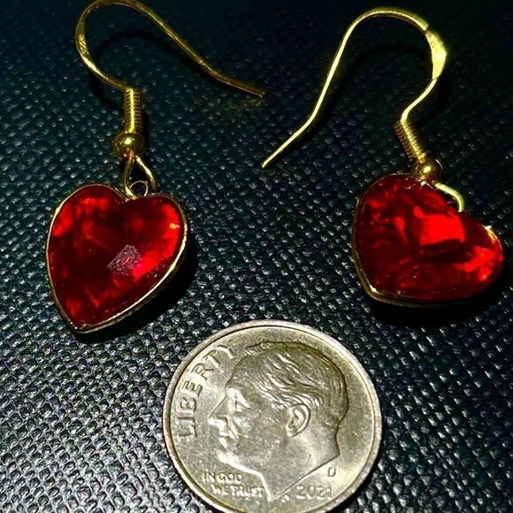 AZS 18k Gold & Red Heart Dangle Earrings - Picture 1 of 8